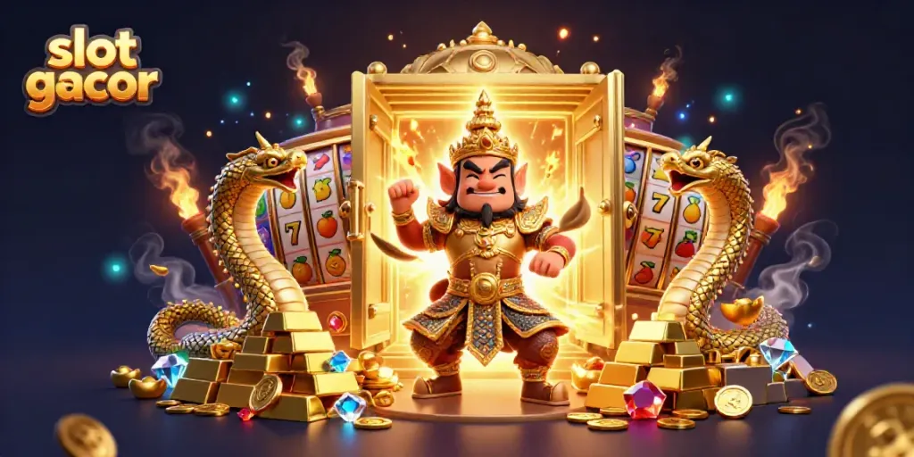 Slot gacor menampilkan penjaga kuil Thailand yang ceria di tengah perhiasan kasino.