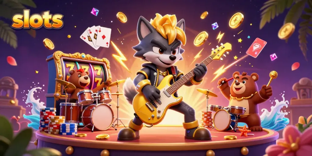 Experience thrilling slots action with a cartoon rock star wolf and drummer bear on stage.