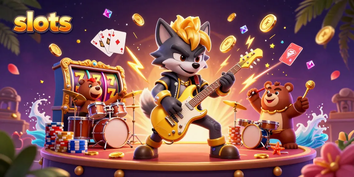 Experience thrilling slots action with a cartoon rock star wolf and drummer bear on stage.