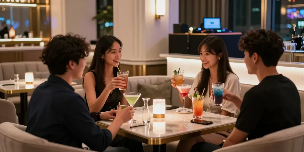 강남 세이렌의 고급스러운 라운지에서 친구들과 함께 즐기는 음료와 세련된 인테리어 장면