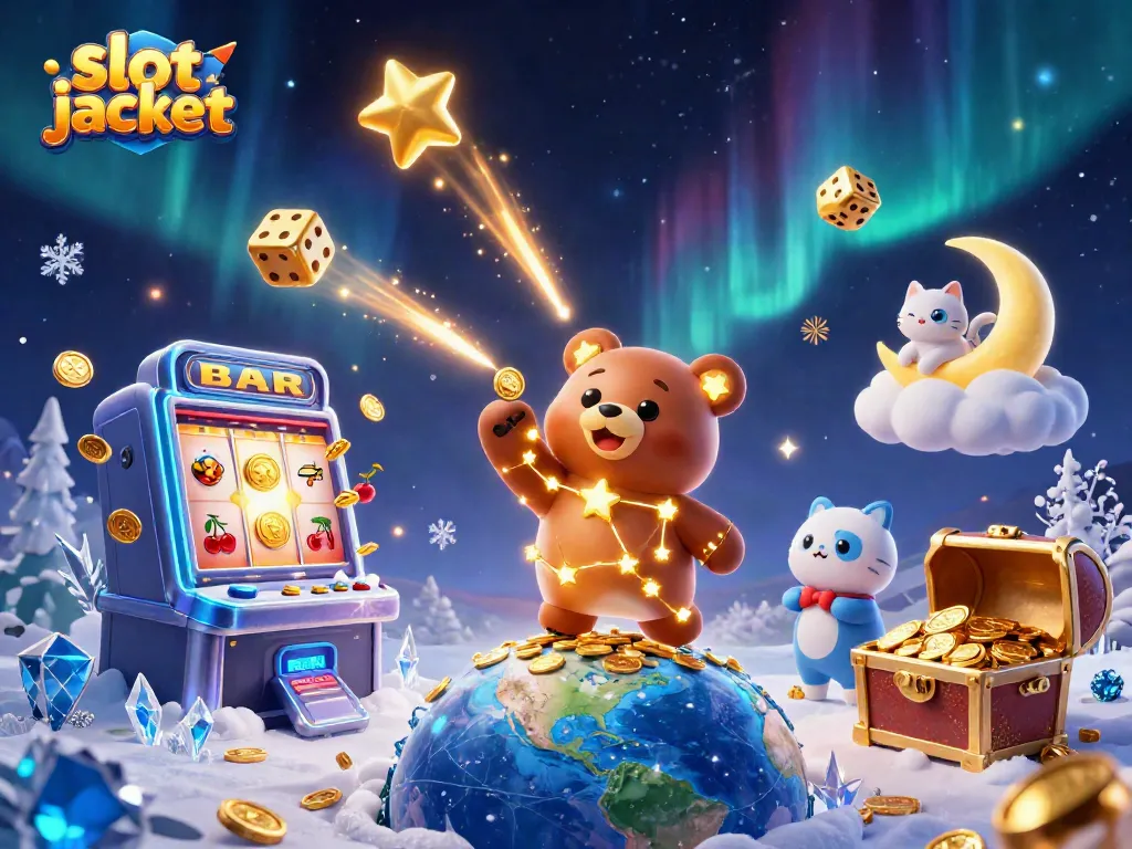 Witness an exciting slot jackpot scene with a constellation bear and vibrant casino elements