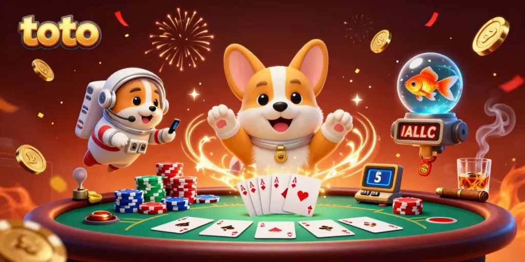 Experience thrilling toto gambling in a vibrant space casino with dynamic characters and floating poker elements.