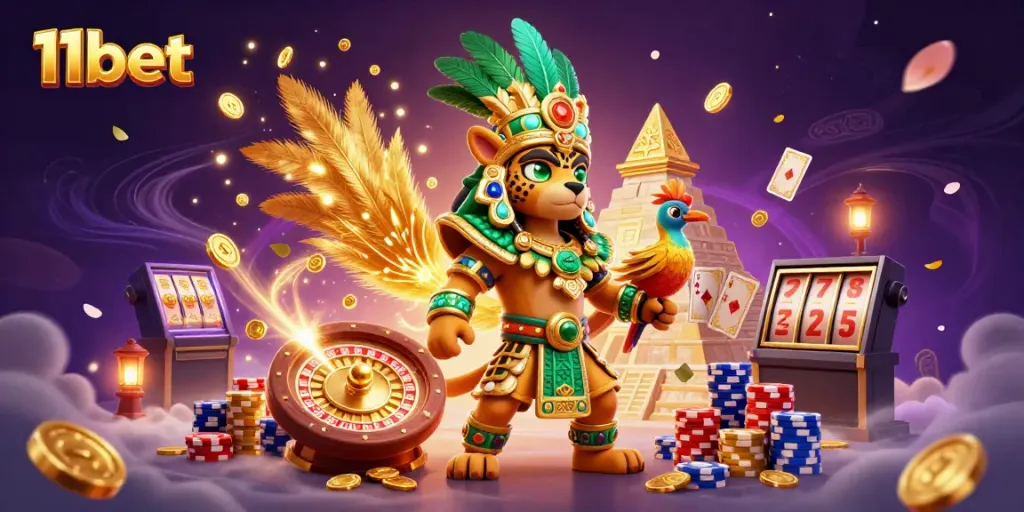 Experience thrilling gaming adventures with 11bet, highlighted by sparkling gems and gold coins in an immersive casino atmosphere.