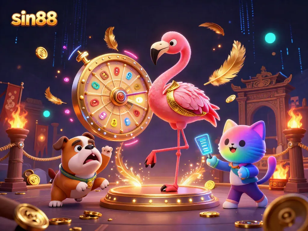 Spin the giant prize wheel at sin88 as the lively game show host entertains a cheering bulldog contestant.