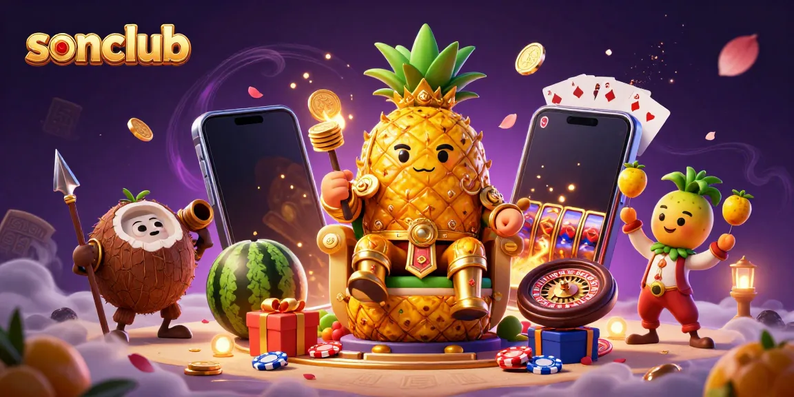 Experience excitement at sonclub with a vibrant 3D casino scene featuring a pineapple king, tropical elements, and dynamic games.