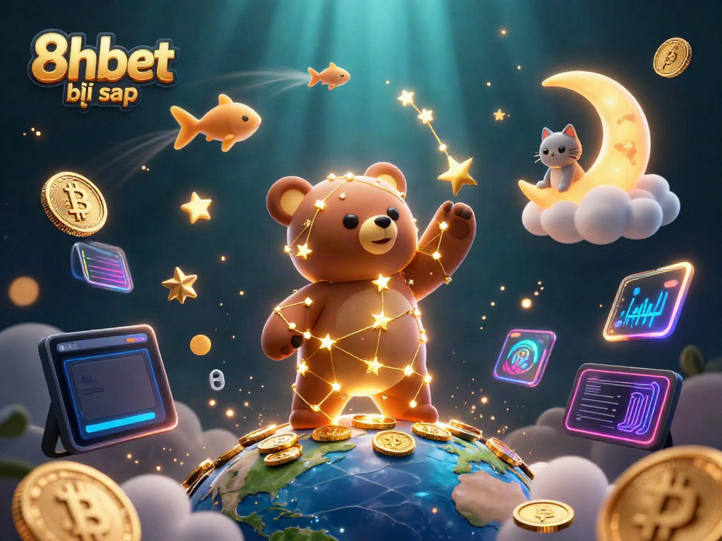 Engage in 8xbet bị sập experience with 3D constellation bear and cosmic coins in dynamic illustration.
