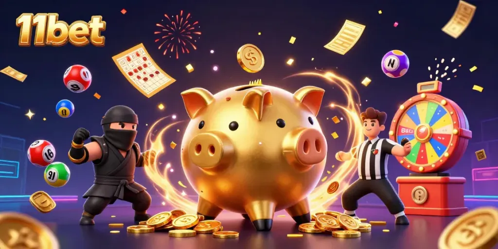 Experience exciting gameplay with 11bet's golden piggy bank sumo wrestler in a vibrant casino scene.