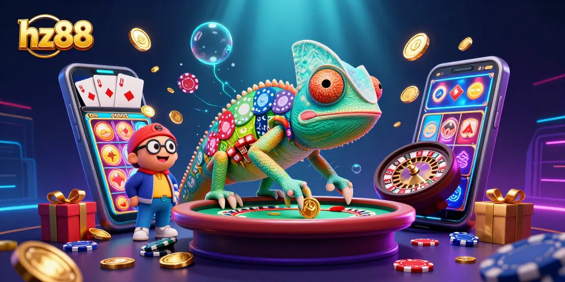 Experience thrilling gameplay at hz88 with a vibrant 3D illustration of casino action and excitement.
