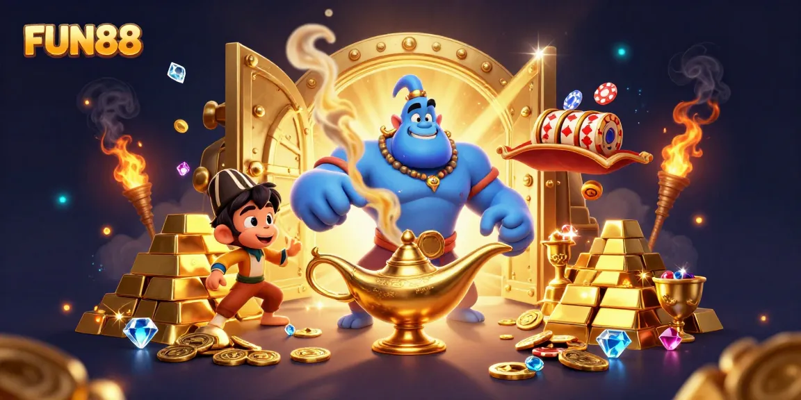 Experience excitement at FUN88 with a majestic genie granting wishes amidst gold and gaming treasures.