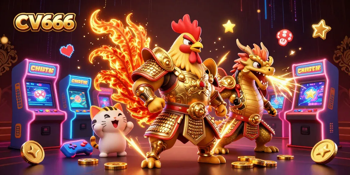 Experience the excitement of CV666, featuring a rooster warrior and dragon in a vibrant casino scene.
