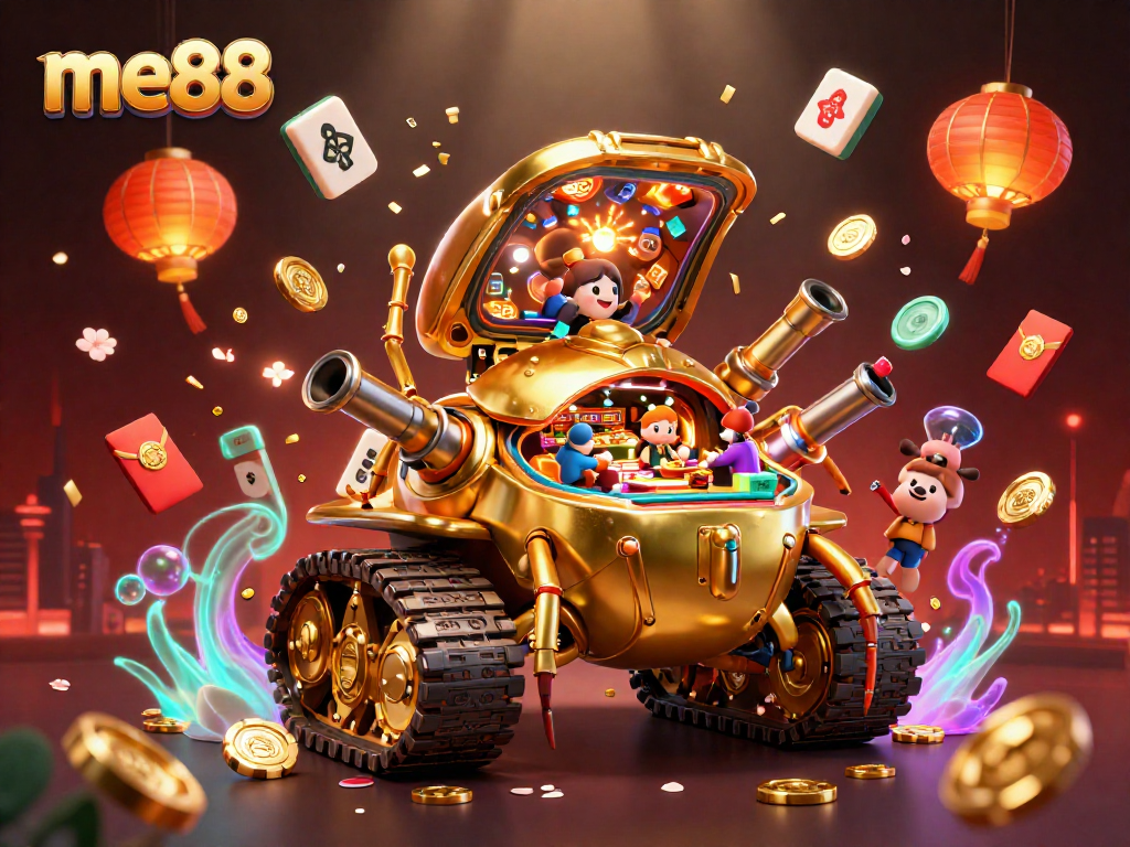 Experience me88, the vibrant online casino with a mini casino inside a golden tank, celebrating wins!