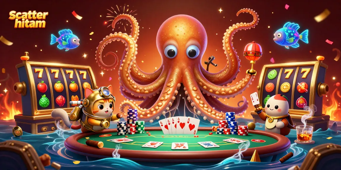 Experience the excitement of scatter hitam in a lively casino scene featuring a kraken and a diving cat.