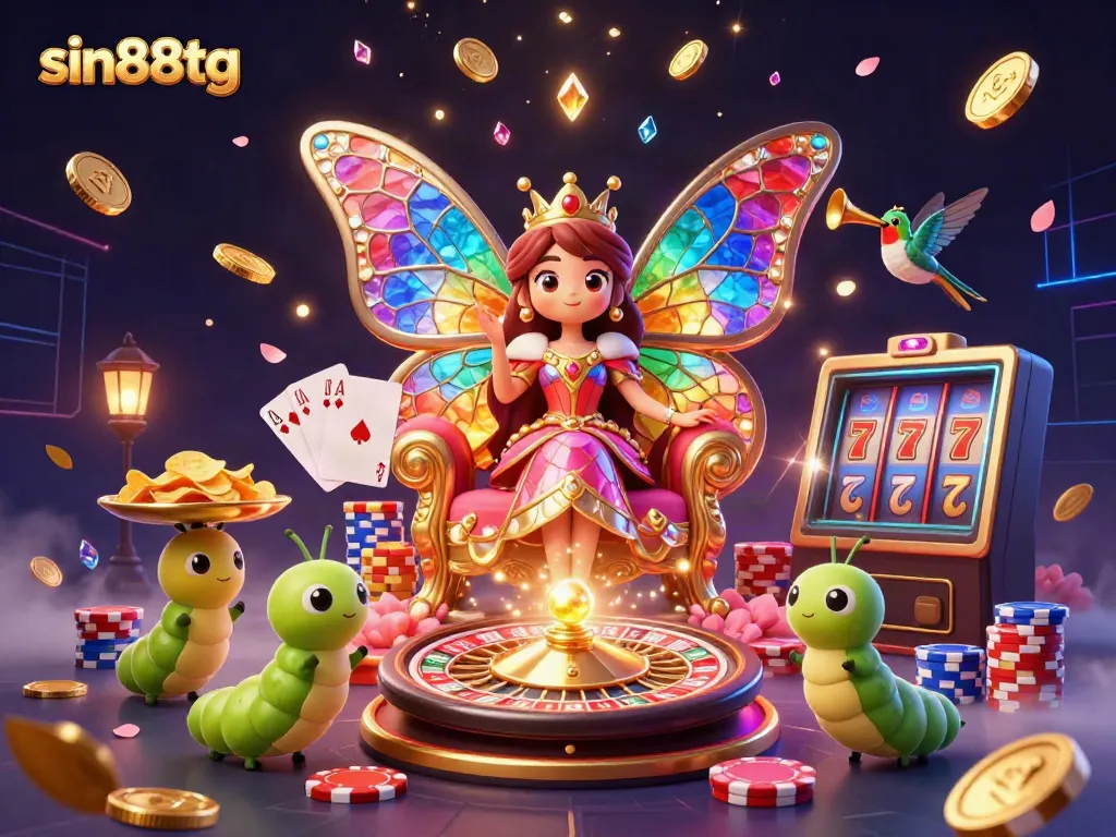 Experience the magic with sin88tg as a dazzling butterfly queen presides over a vibrant casino scene filled with sparkling gems and rich gaming elements.