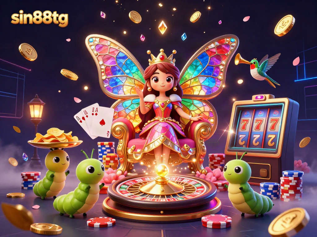 Experience the magic with sin88tg as a dazzling butterfly queen presides over a vibrant casino scene filled with sparkling gems and rich gaming elements.