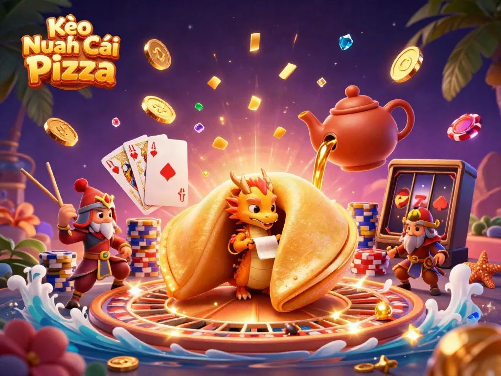 Kèo Nhà Cái Pizza spins luck with golden chips, dragons, and fortune cookies in vibrant casino scene.