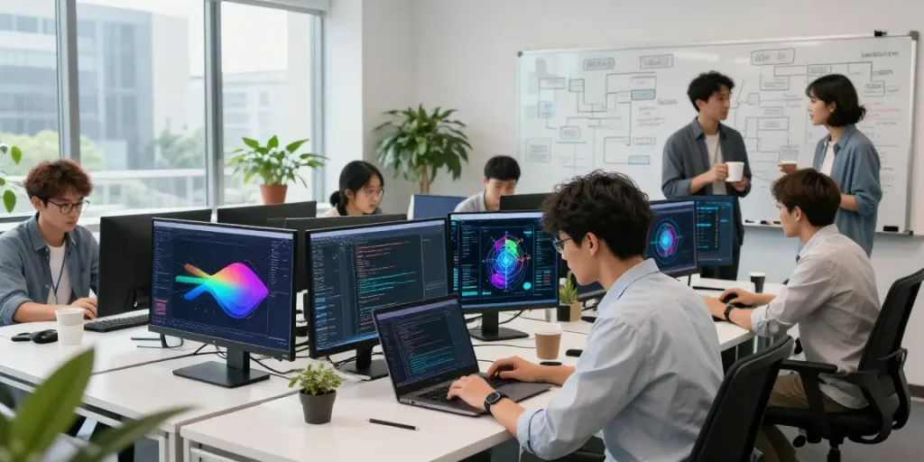 Collaborative team developing enterprise AI solutions in a modern office.