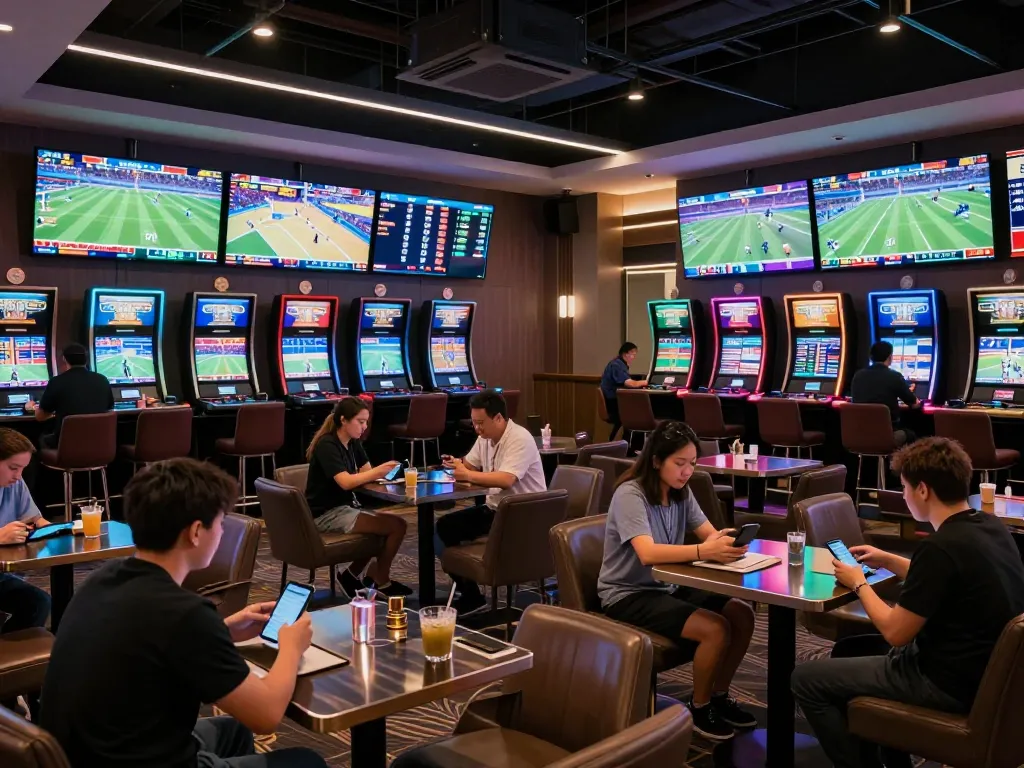 Sports betting excitement captured at keonhacaii88 lounge with live displays and engaged bettors.