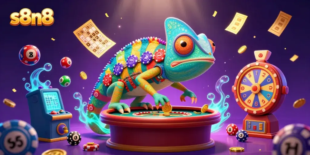 Experience thrilling gameplay at s8n8 with vibrant lottery balls and a colorful 3D chameleon