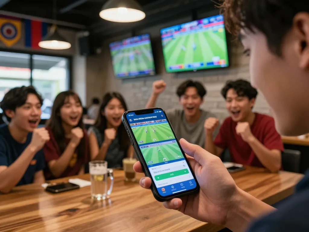 Engaging scene of user placing sports bets with keo nha cai hom nay on smartphone in vibrant sports bar