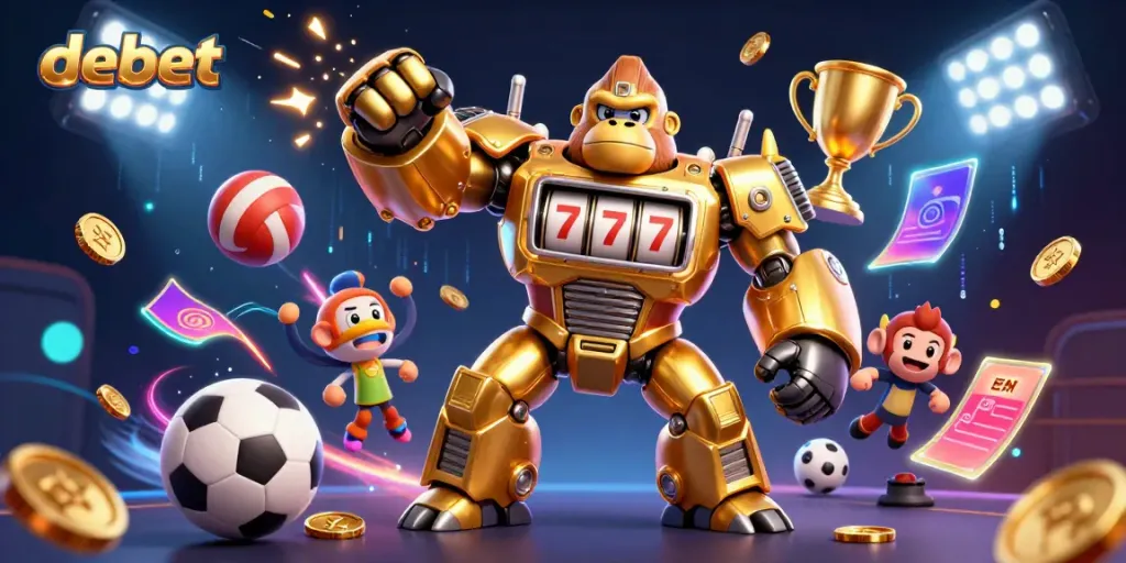 Experience the excitement of debet with a striking 3D illustration featuring a golden gorilla mech and dynamic sports elements.
