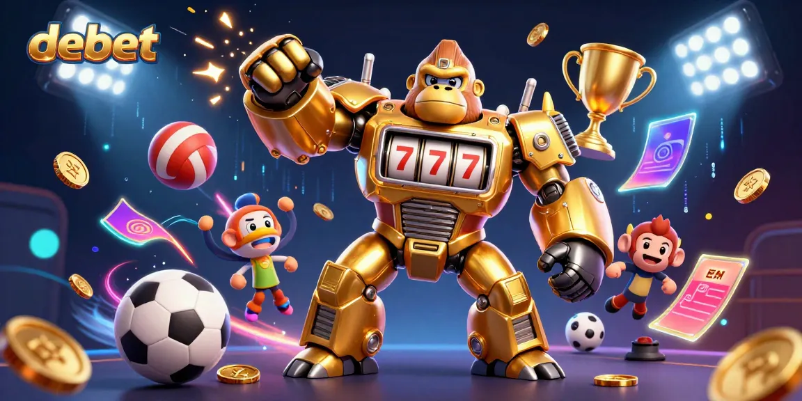 Experience the excitement of debet with a striking 3D illustration featuring a golden gorilla mech and dynamic sports elements.