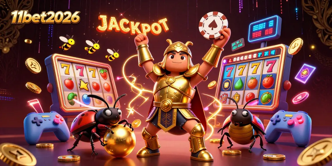 Engage with 11bet2026 through a vibrant 3D illustration of a gladiator beetle celebrating a jackpot.