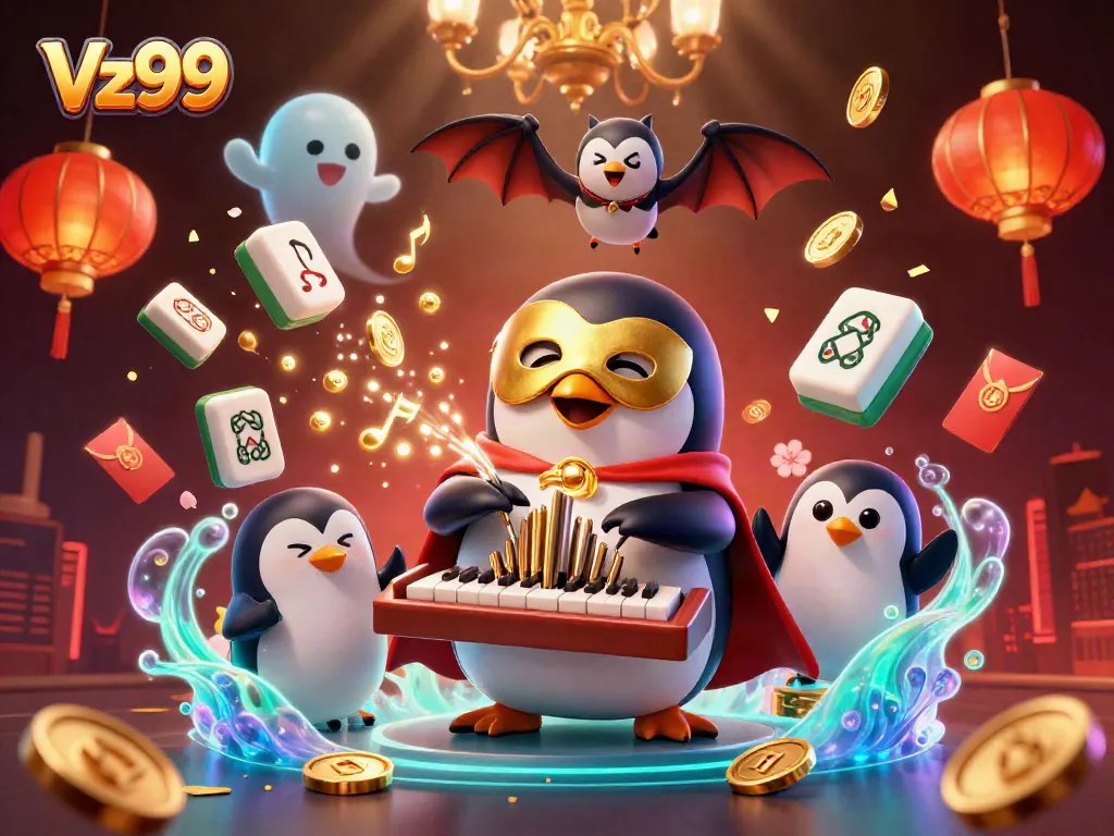 Experience the fun of Vz99 with a playful penguin playing an organ that shoots coins, creating magical moments.