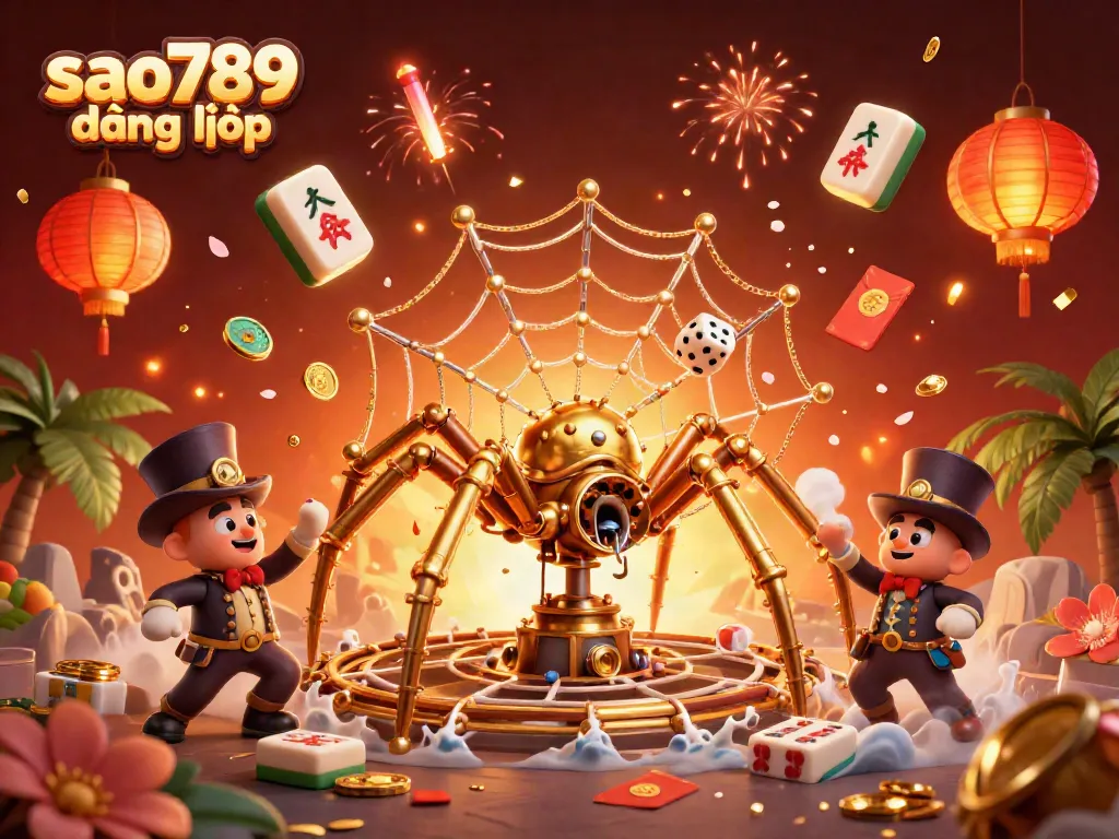 Engage in thrilling action with sao789 đăng nhập, capturing dice in a steampunk spider's web surrounded by vibrant casino symbols.