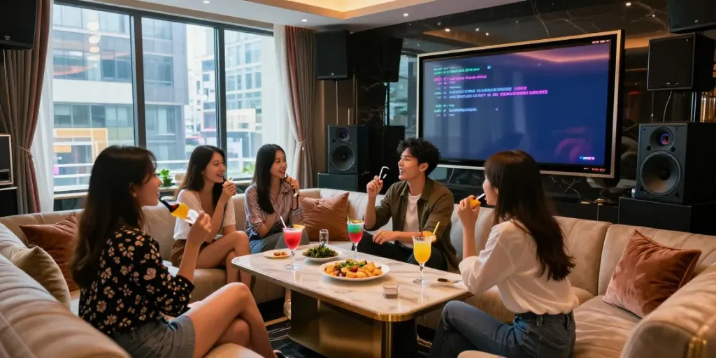 강남달토 프리미엄 가라오케 룸에서 친구들이 신나게 노래하는 모습