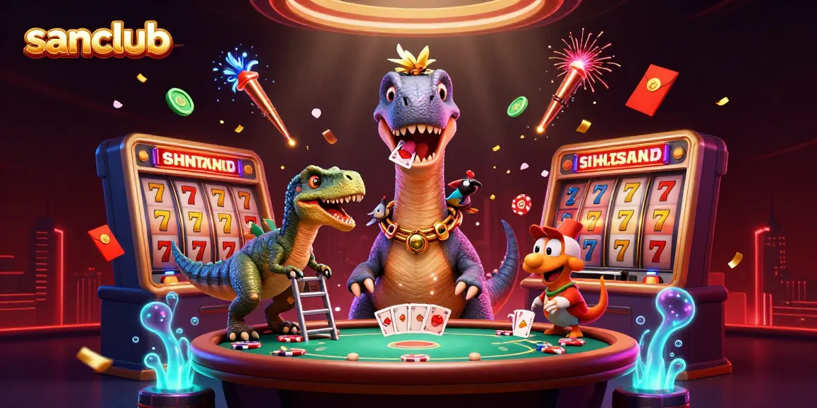 Experience thrill seeking with sanclub's exciting casino adventure featuring a brontosaurus and raptor.