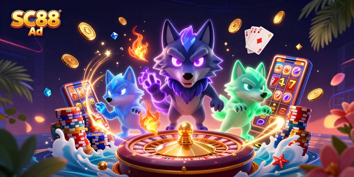 Engage with SC88 Ad and witness a captivating 3D casino scene filled with vibrant game elements.