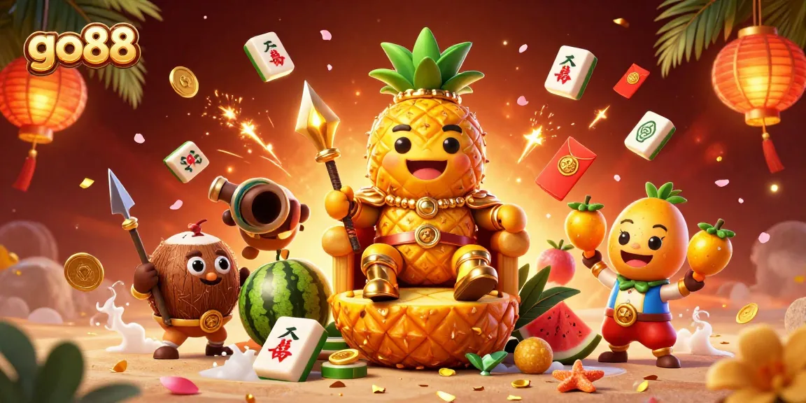 Engage with go88's vibrant beach casino scene featuring the majestic golden pineapple king and dynamic game elements.
