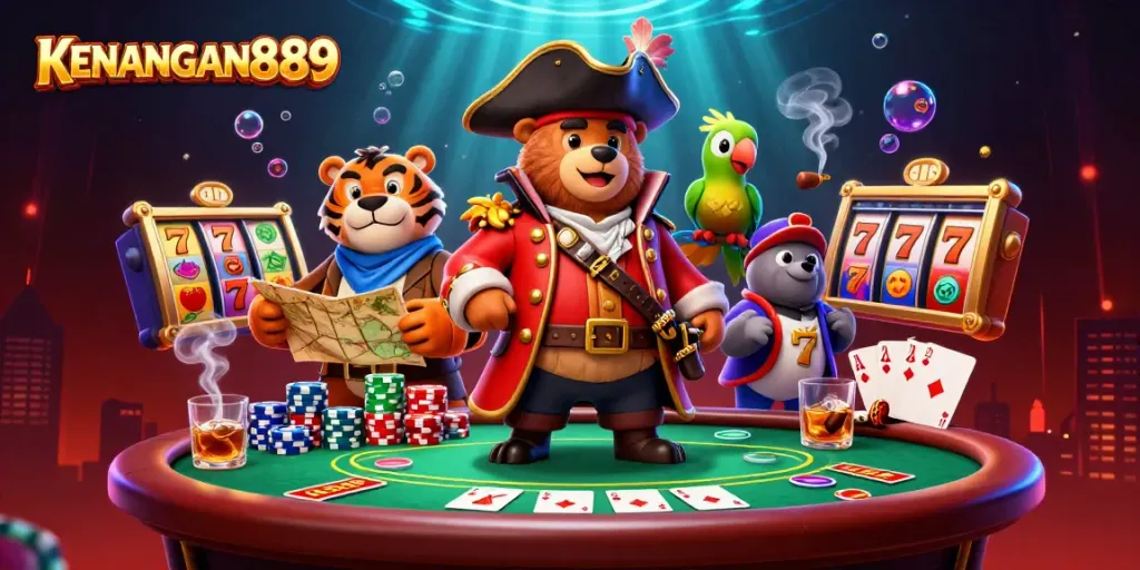 Experience KENANGAN889's vibrant casino scene with a pirate bear, tiger, and golden parrot amidst thrilling slot reels.