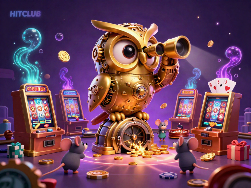 Engage in thrilling slots action at HITCLUB with a whimsical scene showcasing a golden owl and vibrant casino elements.