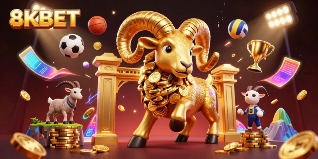 Engage in thrilling gameplay at 8KBET with exciting sports and casino elements vividly illustrated.