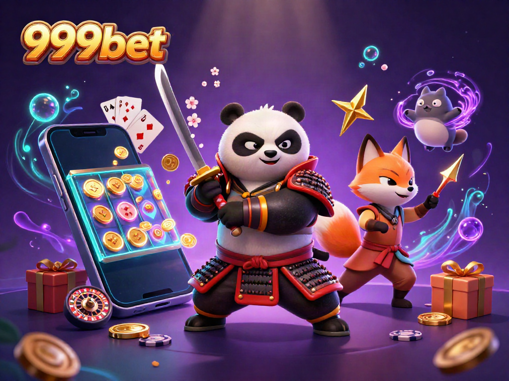 Experience the excitement of 999bet with a dynamic 3D scene featuring colorful slot games and energetic characters.