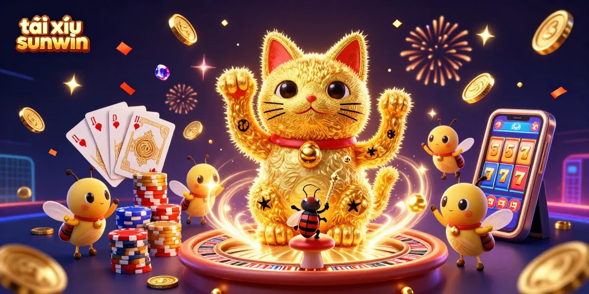 Tài xỉu sunwin showcases a dynamic casino scene with a lucky cat and fireflies, emphasizing winning strategies.
