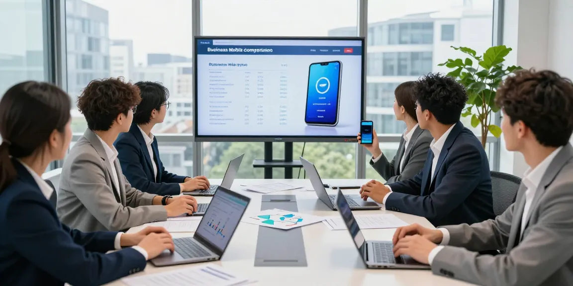 Collaborative business mobile comparison meeting showcasing various plans in a professional office setting.