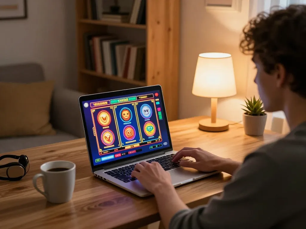 Engaging in situs slot games with an inviting online setup, colorful graphics on laptop.