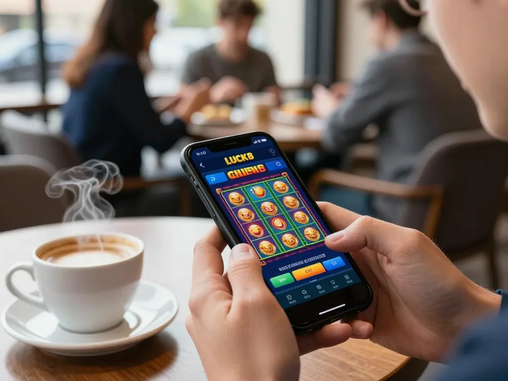 Người dùng LUCK8 tham gia trải nghiệm trò chơi di động thú vị tại quán cà phê, nổi bật với giao diện ứng dụng casino và không gian ấm cúng.