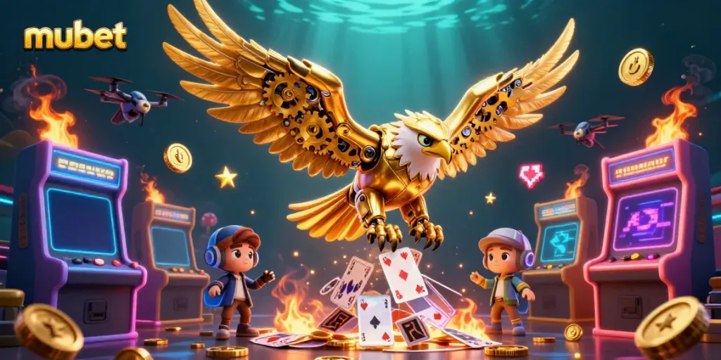 Win at mubet with an ultra-detailed 3D illustration of a golden eagle diving through holographic cards.