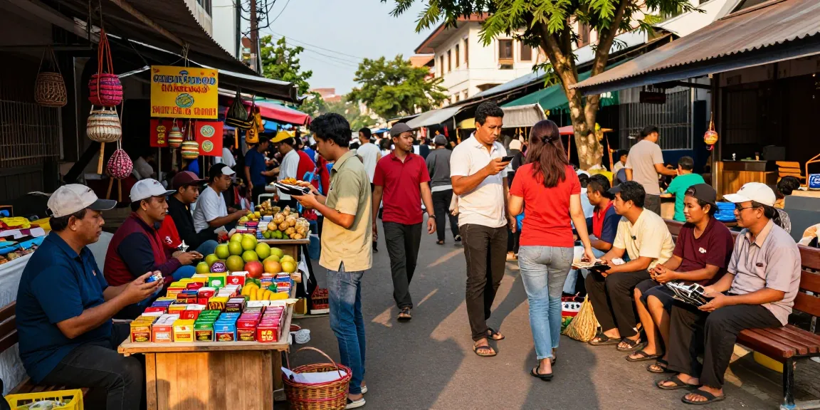 Active street market scene featuring vendors and customers engaging with rokok 88 products, vibrant atmosphere.