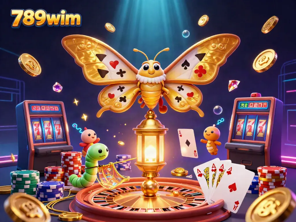 Win big with 789wim as a vibrant atlas moth and casino elements light up the scene.
