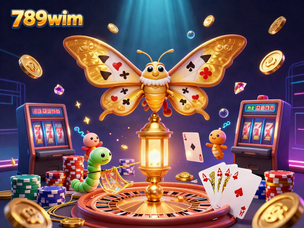 Win big with 789wim as a vibrant atlas moth and casino elements light up the scene.