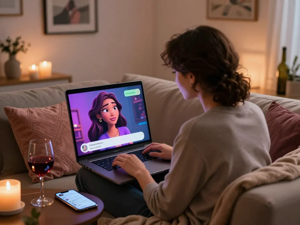 User enjoying an ai porn chat with a playful character on a cozy couch, surrounded by romantic decor.