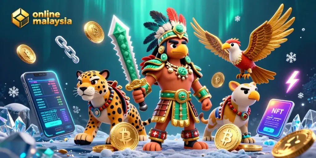 Engage in exciting gaming at online casino Malaysia with vibrant 3D illustration of Aztec warriors and crypto elements.
