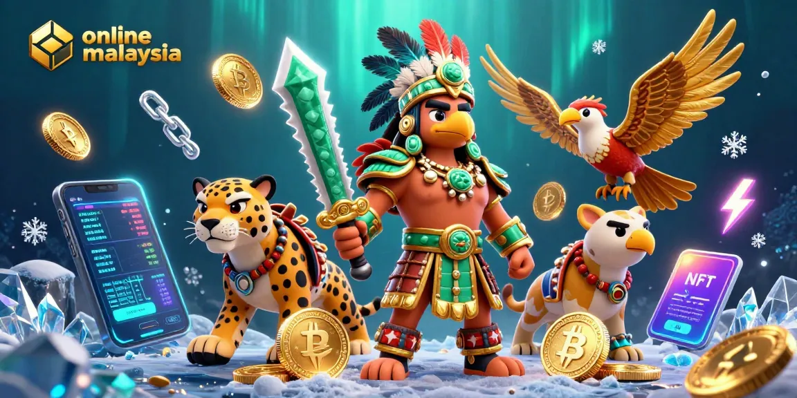 Engage in exciting gaming at online casino Malaysia with vibrant 3D illustration of Aztec warriors and crypto elements.