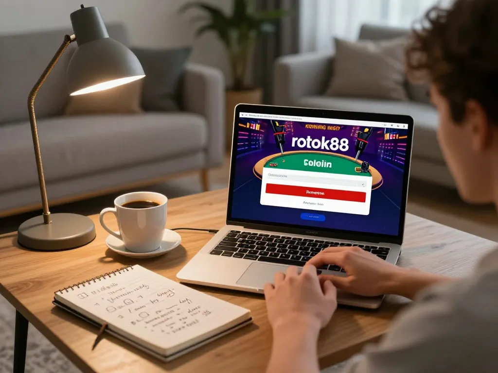 Using rokok88 login for online casino gaming in a stylish home setting with vibrant laptop display