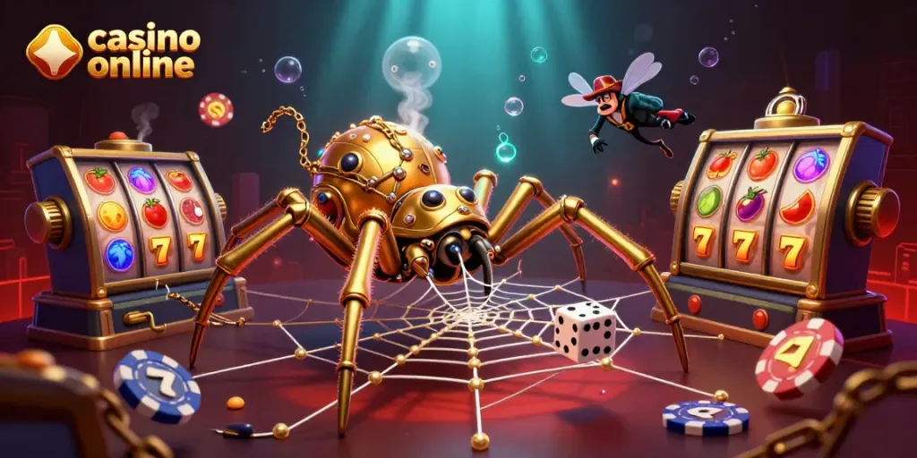 Gira los carretes en el casino online mientras la araña dorada atrapa dados desafortunados en su red.