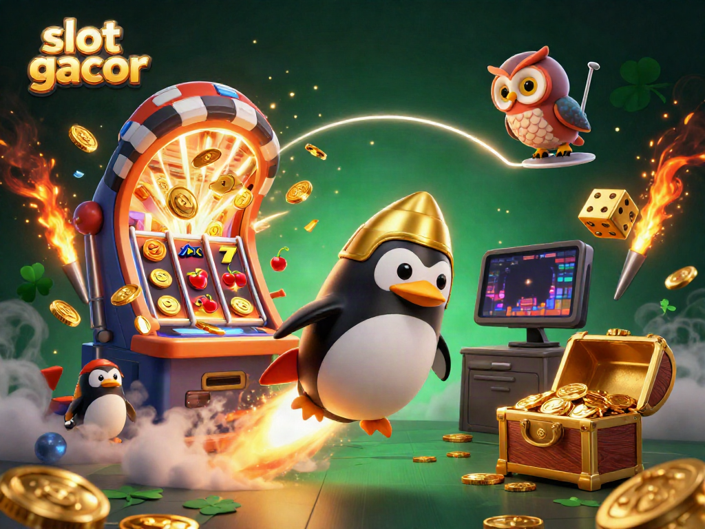 Experience the excitement of slot gacor with our vibrant 3D illustration featuring a golden penguin and overflowing winnings.